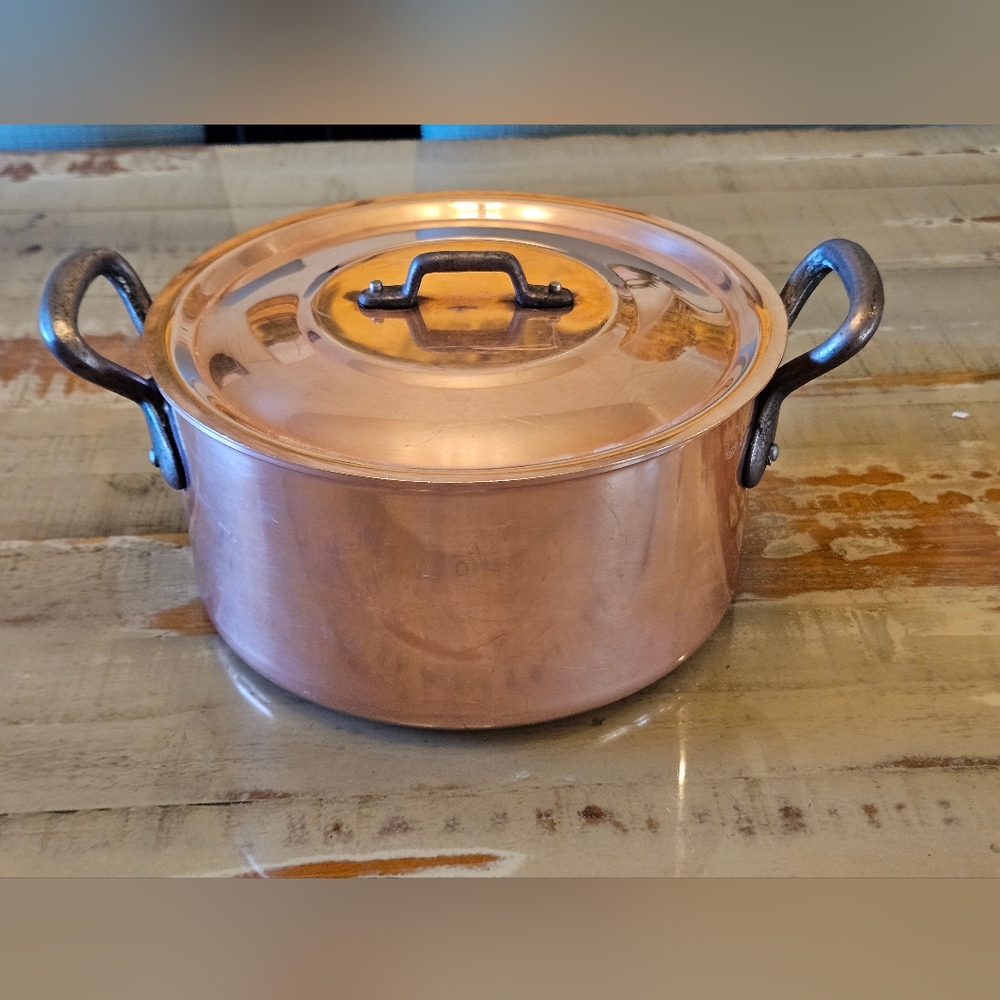 Vintage French Copper Cookware Pot with Lid 8.75 in X 3.5 in